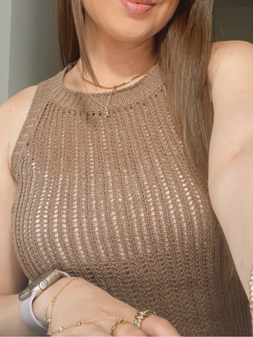 Open-Knit Sleeveless Crewneck Sweater Tank - Brown